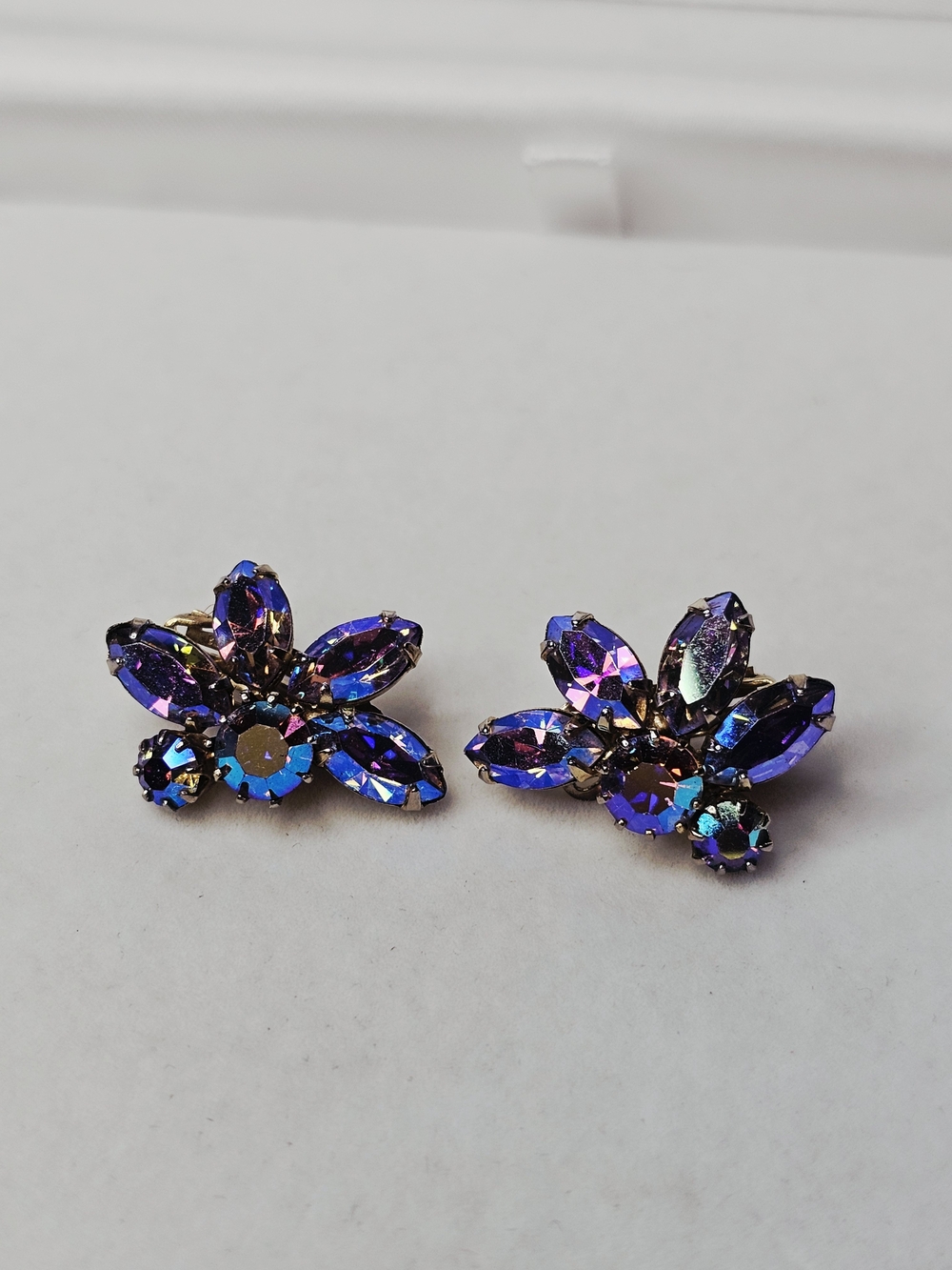 Sherman Iridescent Blue Floral Crystal Clip Earrings